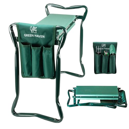 Green Haven Heavy Duty Garden Kneeler Seat with Handles & Tools Bag - Multi-Use Foldable EVA Foam Padded Garden Kneeler - Lightweight Kneeling Stool for Gardening - Portable Garden Kneeler Seat