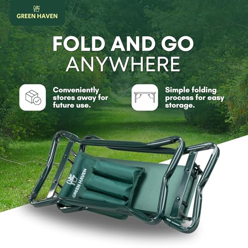 Green Haven Heavy Duty Garden Kneeler Seat with Handles & Tools Bag - Multi-Use Foldable EVA Foam Padded Garden Kneeler - Lightweight Kneeling Stool for Gardening - Portable Garden Kneeler Seat