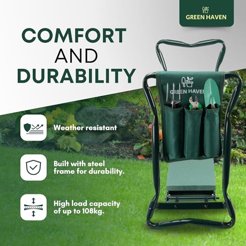 Green Haven Heavy Duty Garden Kneeler Seat with Handles & Tools Bag - Multi-Use Foldable EVA Foam Padded Garden Kneeler - Lightweight Kneeling Stool for Gardening - Portable Garden Kneeler Seat