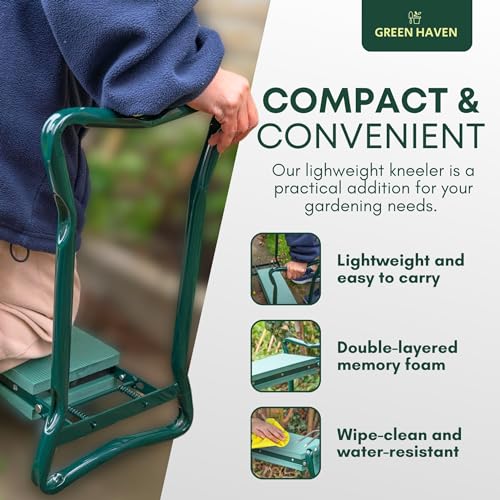 Green Haven Heavy Duty Garden Kneeler Seat with Handles & Tools Bag - Multi-Use Foldable EVA Foam Padded Garden Kneeler - Lightweight Kneeling Stool for Gardening - Portable Garden Kneeler Seat