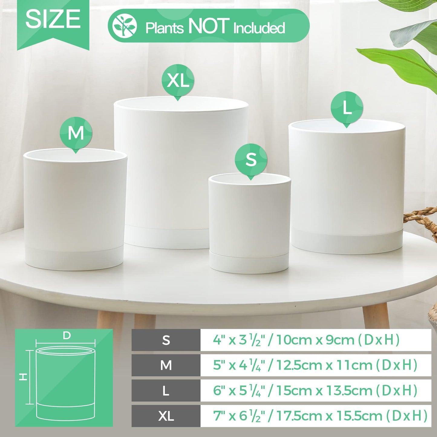 T4U Plastic Plant Pots Indoor, 4/5/6/7 Inch White Plant Pots with Saucers 4 Pcs, 3.5MM Thickened Planters Container with Dense Small Drainage Holes for House Plant Flower Orchid Herb Aloe Succulent