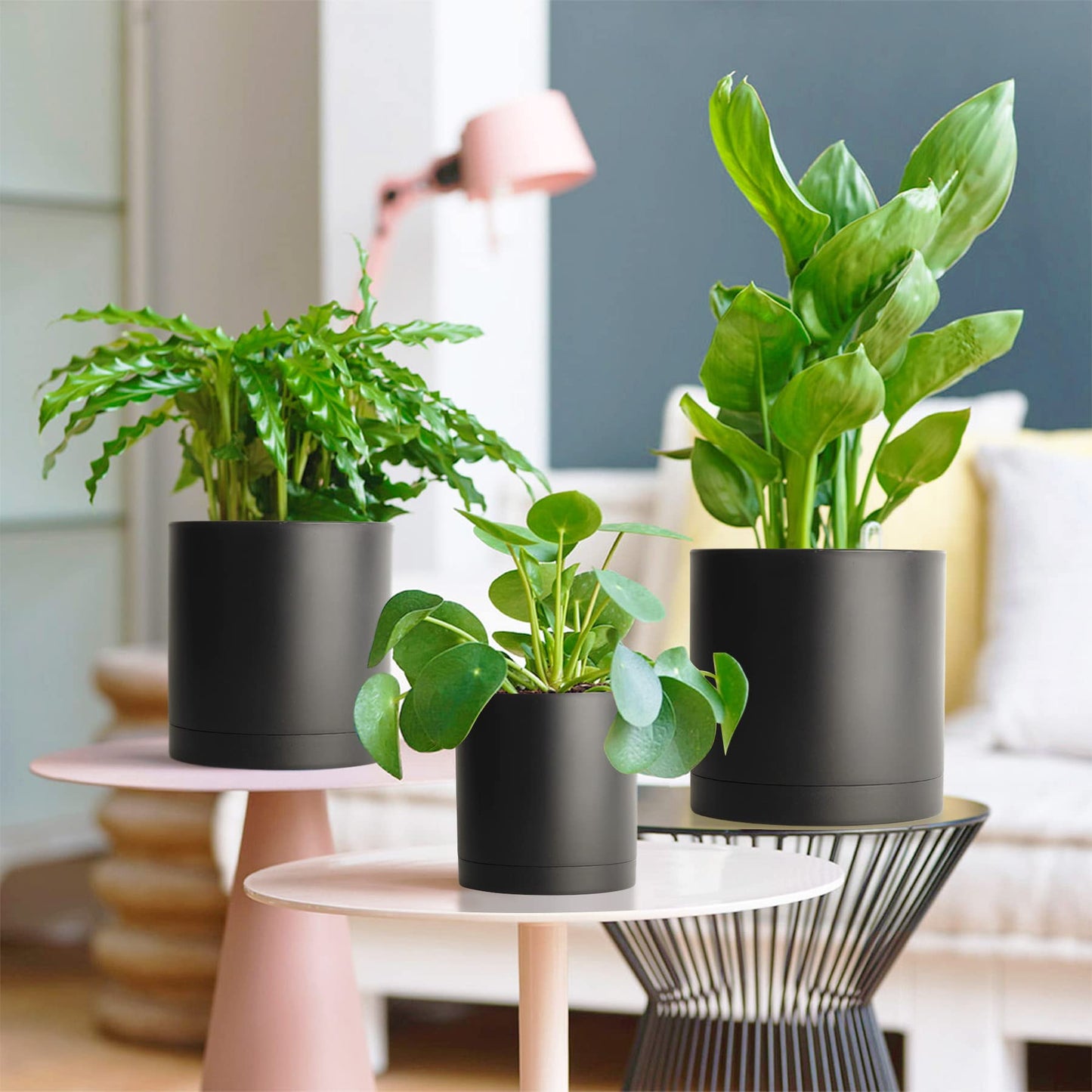 T4U Plastic Plant Pots Indoor, 4/5/6/7 Inch White Plant Pots with Saucers 4 Pcs, 3.5MM Thickened Planters Container with Dense Small Drainage Holes for House Plant Flower Orchid Herb Aloe Succulent