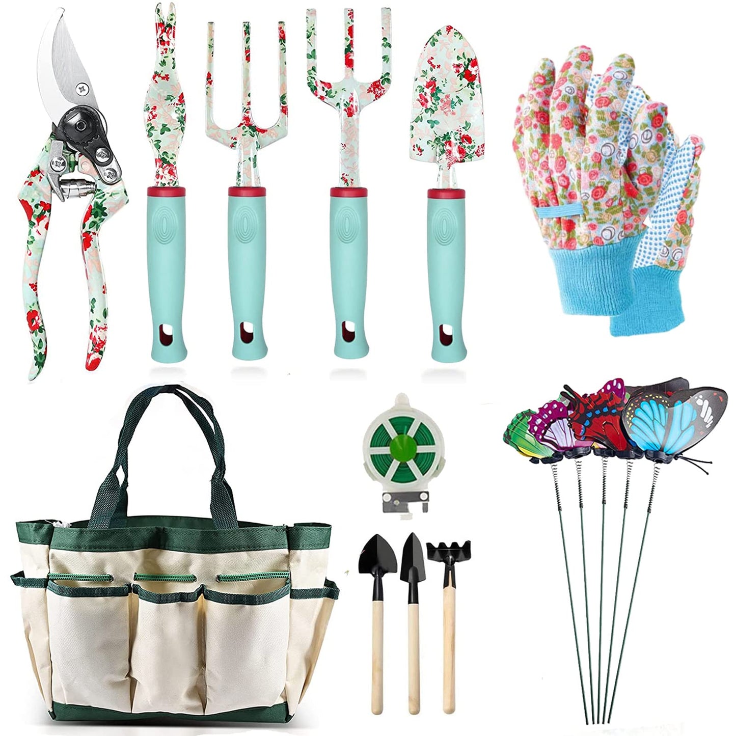 Garden Tools Set，16 Piece Floral Gardening Hand Tool Gift Kits Gardening Gifts for Women & Men, with Pruning Shears & X-Large Handle Storage Tote，Heavy Duty Gardening Tools