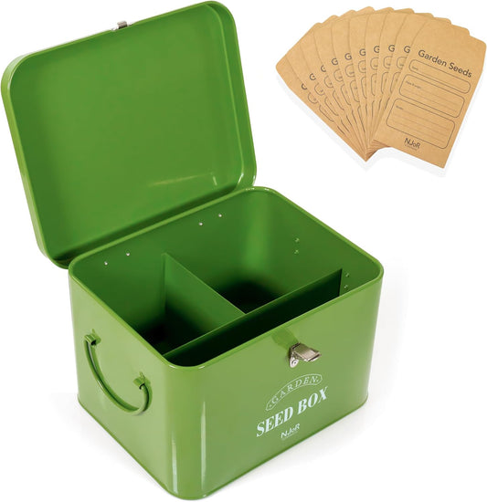 NJoR Scandinavia Steel Seed Packet Storage Box Organizer in Green. Robust Seed Package Container for Seeds and Bulbs Complete with 10 Seed Envelopes