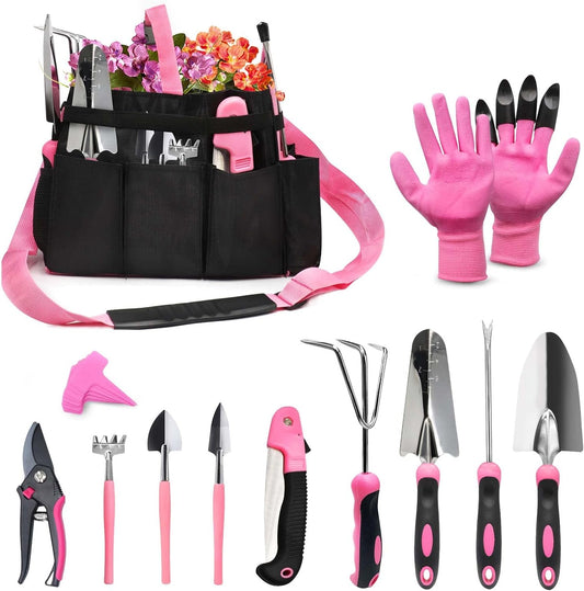 Garden Tool Set, YZNlife Garden Tools Set for Women, 16 Pieces Stainless Steel Heavy Duty Gardening Tools with Non-Slip Rubber Grip and Garden Bag for Gardening Work