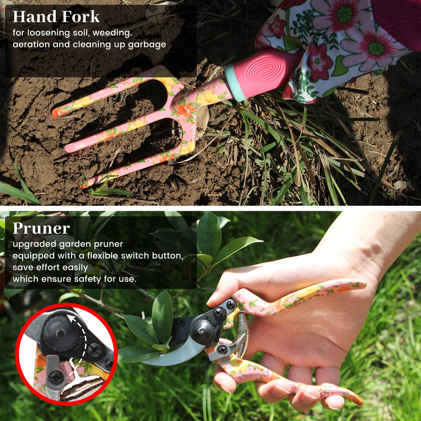 Garden Tools Set，16 Piece Floral Gardening Hand Tool Gift Kits Gardening Gifts for Women & Men, with Pruning Shears & X-Large Handle Storage Tote，Heavy Duty Gardening Tools