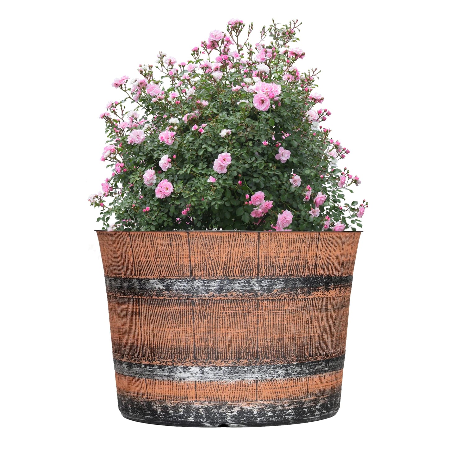 SG Traders Round Plastic Whisky Barrel Garden Pot Flower Pots Planter Tub Patio Pot Outdoor Traditional Barrel Brown with Silver Bands Garden Plant Pot Outdoors with Drainage Holes (Pack of 2)