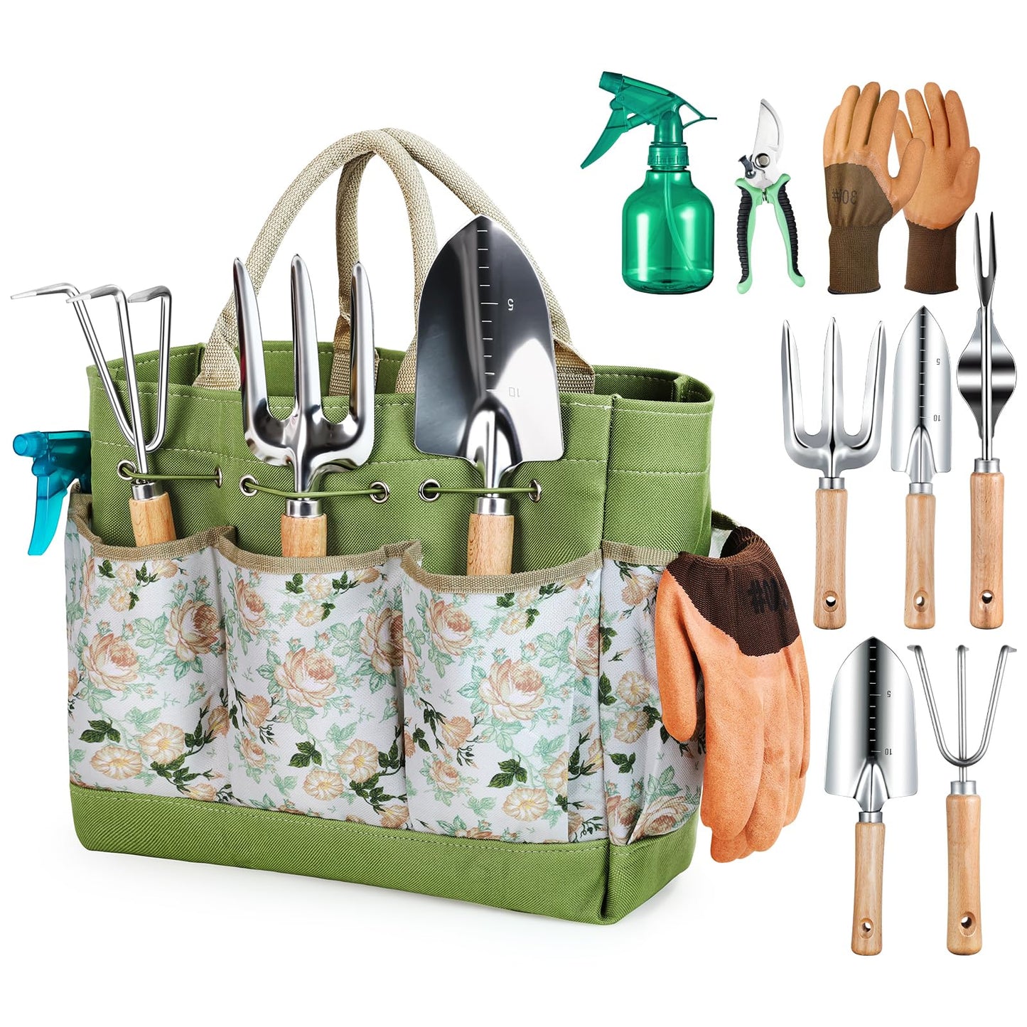 Grenebo Gardening Tools, 9-Piece Heavy Duty Gardening Hand Tools with Fashion and Durable Garden Tools Organizer Handbag,Rust-Proof Garden Tool Set, Ideal Gardening Gifts for Women