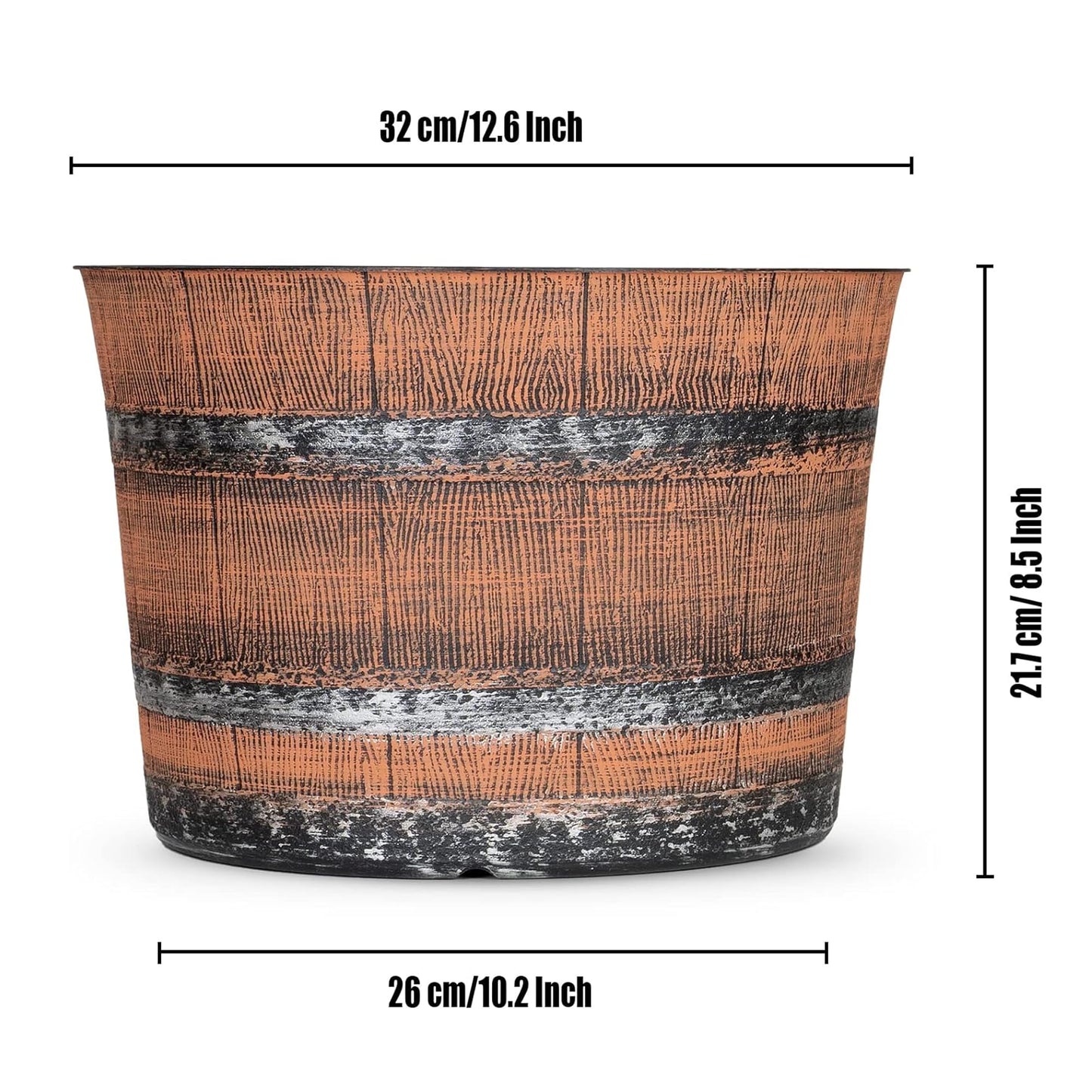 SG Traders Round Plastic Whisky Barrel Garden Pot Flower Pots Planter Tub Patio Pot Outdoor Traditional Barrel Brown with Silver Bands Garden Plant Pot Outdoors with Drainage Holes (Pack of 2)