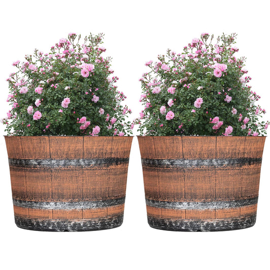 SG Traders Round Plastic Whisky Barrel Garden Pot Flower Pots Planter Tub Patio Pot Outdoor Traditional Barrel Brown with Silver Bands Garden Plant Pot Outdoors with Drainage Holes (Pack of 2)