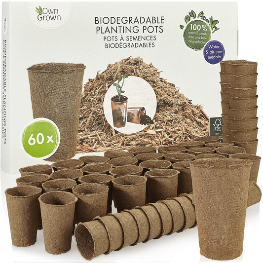 OwnGrown Biodegradable Planting Pots: 60 Premium Small Plant Pots for Seedlings made of Wood Fibre – Growing Pots Biodegradable – Biodegradable Plant Pots for Seed Trays – Fibre Pots for Plants